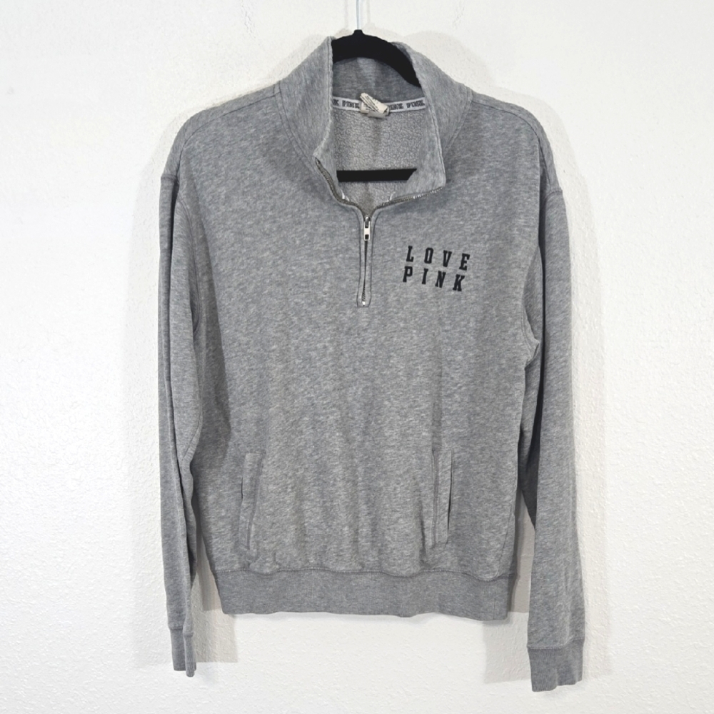 PINK Quarter Zip Gray Pullover Long Sleeve Top Front Pockets Oversized Comfy, S